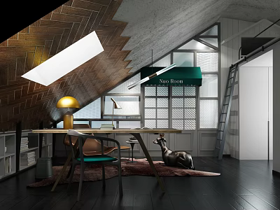 Modern Study Room Interior With Sloped Ceiling Desk Chair Lamp And Bookshelf 3d model