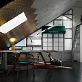 Modern Study Room Interior With Sloped Ceiling Desk Chair Lamp And Bookshelf