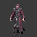 Game Film Character In Hooded Blue Robe With Gold Trim White Undergarment And Brown Boots