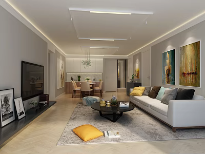 Modern Living Room Interior With Light Gray Sofa Colorful Pillows And Abstract Paintings 3d model