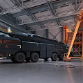 Black Functional Vehicle In Large Industrial Workshop With Orange Crane And Metal Beams 3d model
