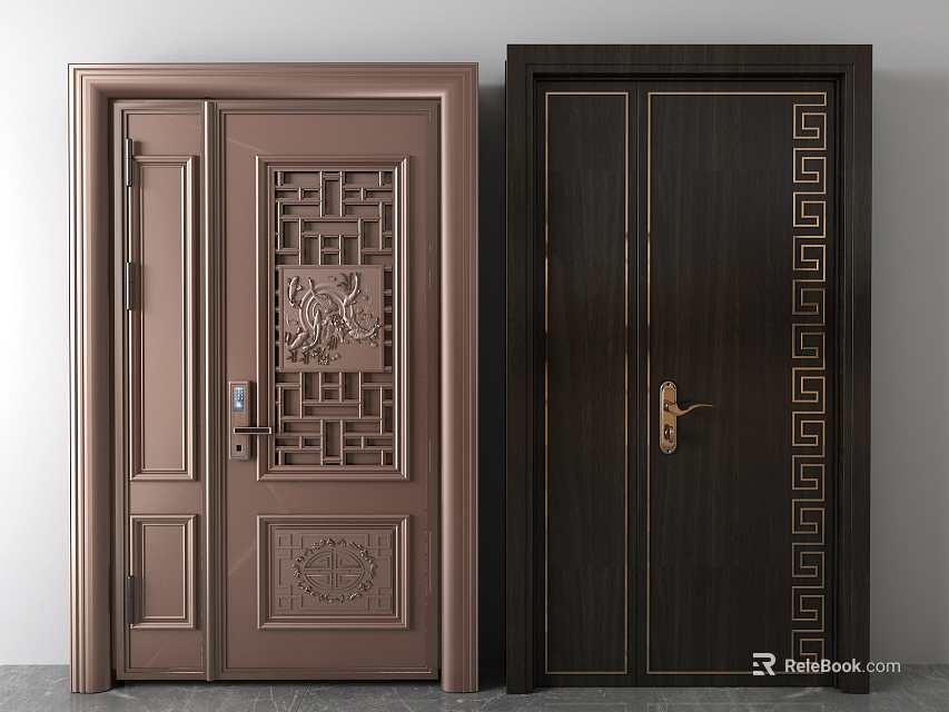 Classic Zi Mu Door with Brown Carvings Lattice Dark Brown Geometric Designs and Gold Handle 3d model 