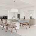 Elegant Modern Dining Room With Wooden Table Chairs Pendant Light And Artwork