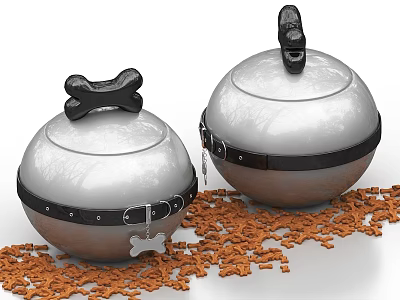Silver Pet Feeder with Black Straps and Bone Shape Design Surrounded by Scattered Pet Food 3d model