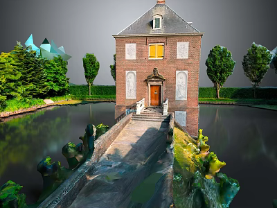 Cartoon Scenery of Brick Building With Pond Bridge and Green Trees 3d model