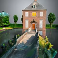 Cartoon Scenery of Brick Building With Pond Bridge and Green Trees