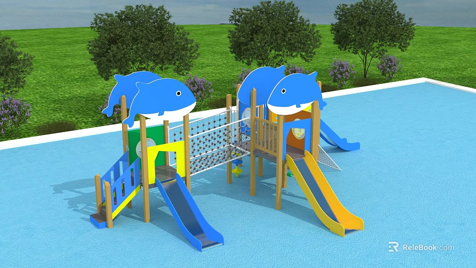 Outdoor Shark Themed Playground Equipment With Blue Yellow Slides Wooden Structure And Green Grass 3d model 