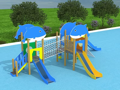 Outdoor Shark Themed Playground Equipment With Blue Yellow Slides Wooden Structure And Green Grass 3d model