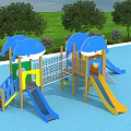 Outdoor Shark Themed Playground Equipment With Blue Yellow Slides Wooden Structure And Green Grass