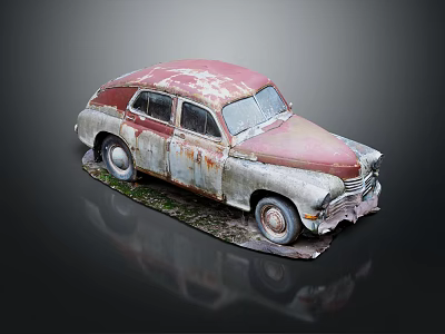Rusty Old Vintage Car With Red And White Body On Grass Surface 3d model