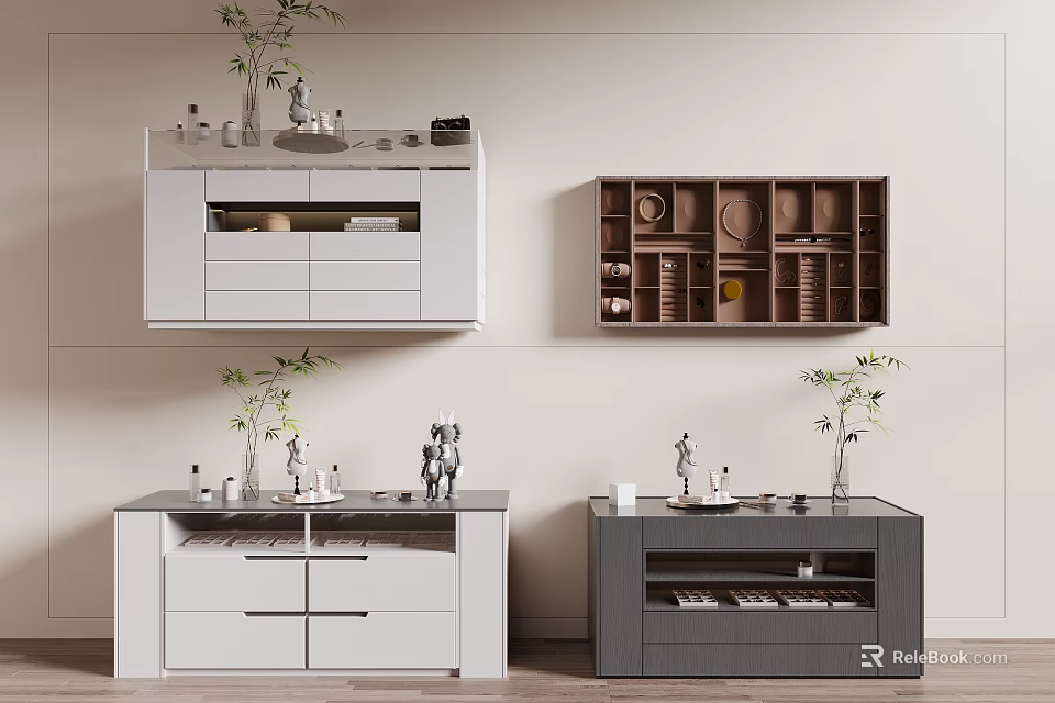 Modern Storage Cabinets In White And Gray With Drawers Decorative Plants 3d model 