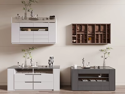 Modern Storage Cabinets In White And Gray With Drawers Decorative Plants 3d model