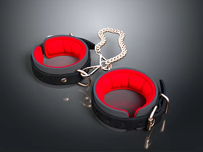 Black Leather Handcuffs With Red Lining And Silver Chain Links 3d model