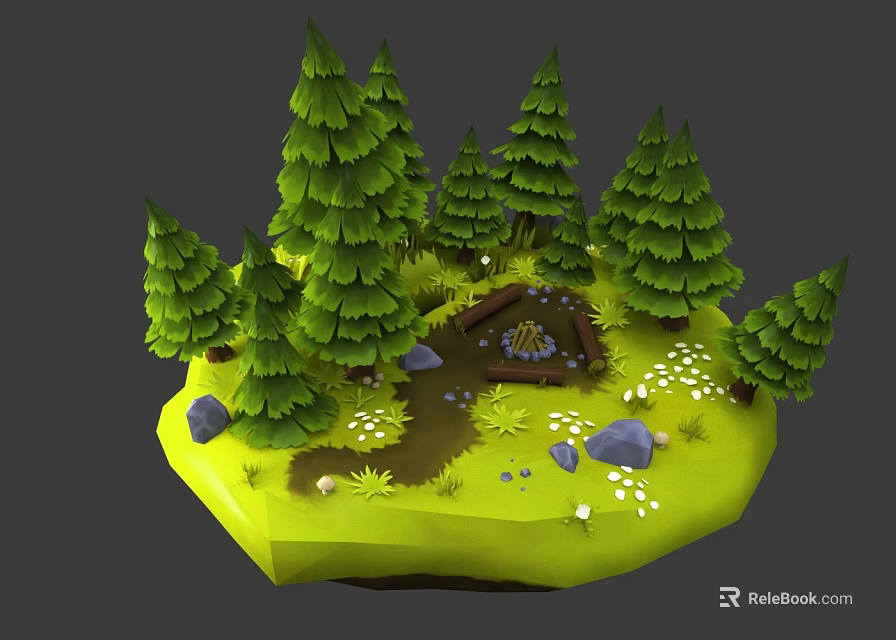 Small Island Natural Scene With Green Pine Trees Campfire And Stone Path 3d model 