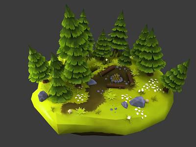 Small Island Natural Scene With Green Pine Trees Campfire And Stone Path 3d model