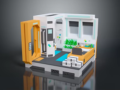 Modern Interior Room With Orange Cabinet Windows Green Plants Table And Chairs 3d model