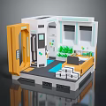 Modern Interior Room With Orange Cabinet Windows Green Plants Table And Chairs