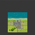 Cartoon City Scene With Green Trees Buildings Roads And Blue Water Area