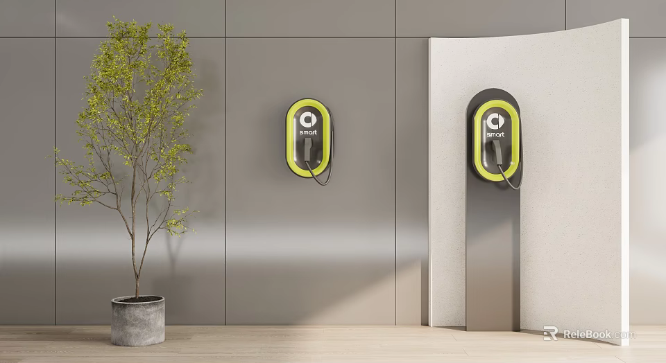 Modern Charging Stations On Gray Wall With Green Plant In Interior 3d model 