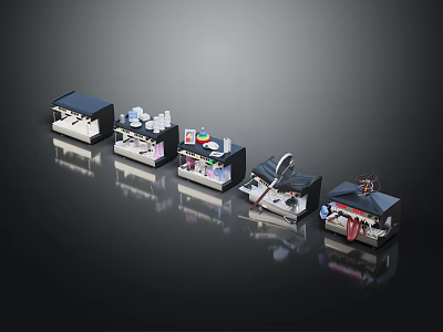 Miniature Kitchen Appliance Models Including Coffee Maker Blender Oven Arranged On Black Reflective Background 3d model
