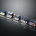 Miniature Kitchen Appliance Models Including Coffee Maker Blender Oven Arranged On Black Reflective Background