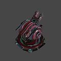 Futuristic Red And Black Mechanical Weapon With Circular Rotating Components And Green Indicator Light