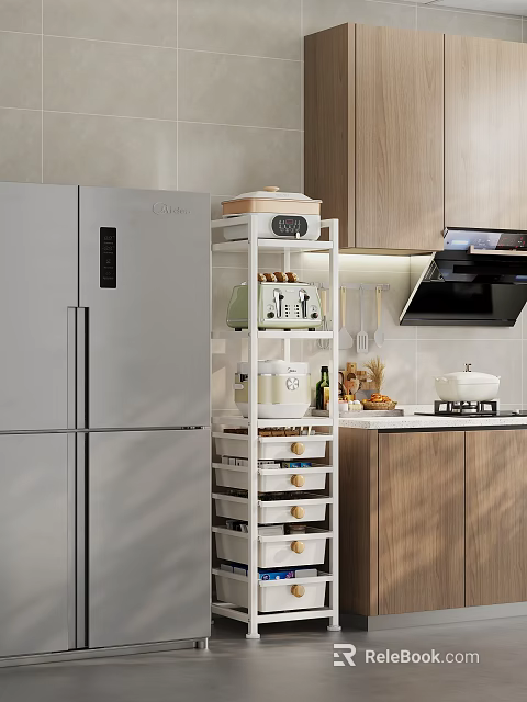 White Layered Kitchen Shelf With Storage Drawers And Supplies Near Silver Refrigerator In Modern Kitchen 3d model 