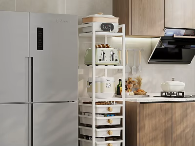 White Layered Kitchen Shelf With Storage Drawers And Supplies Near Silver Refrigerator In Modern Kitchen 3d model