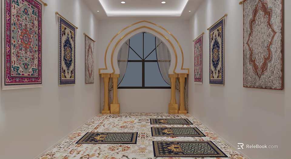 Religious Prayer Hall With Arched Window Golden Pillars Wall Tapestries And Decorative Carpets 3d model 