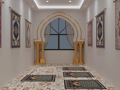 Religious Prayer Hall With Arched Window Golden Pillars Wall Tapestries And Decorative Carpets 3d model