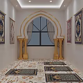 Religious Prayer Hall With Arched Window Golden Pillars Wall Tapestries And Decorative Carpets