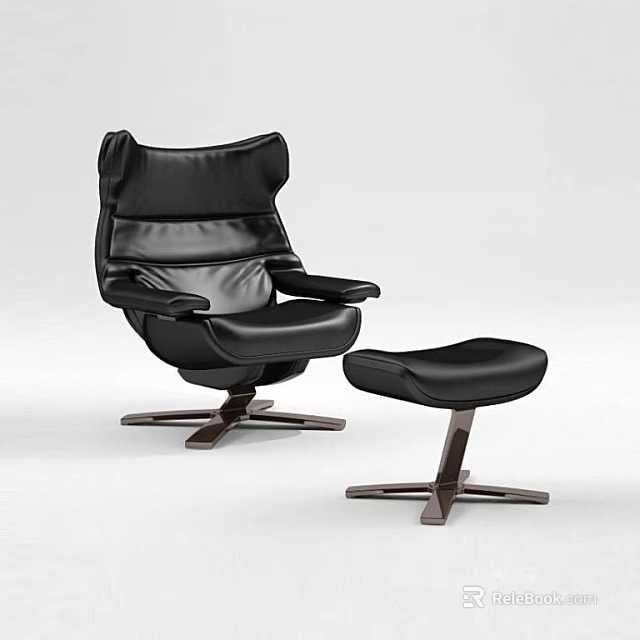 Black Leather Leisure Chair With Ottoman And Modern Wooden Base 3d model 