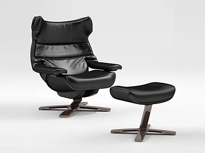 Black Leather Leisure Chair With Ottoman And Modern Wooden Base 3d model