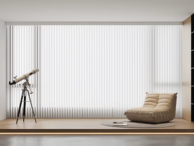 Beige Bean Bag Chair in Modern Room with White Vertical Blinds Tripod Telescope Round Rug 3d model