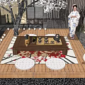 Japanese Tea Table and Chairs on Wooden Floor with Cherry Blossom Tree and Floral Rug