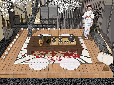 Japanese Tea Table and Chairs on Wooden Floor with Cherry Blossom Tree and Floral Rug 3d model