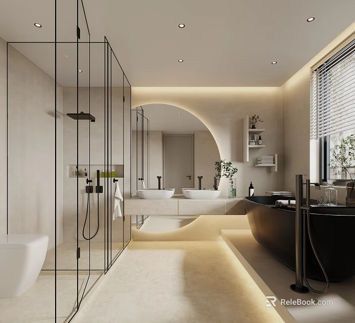 Modern Bathroom Interior With Glass Shower Enclosure Double Vanity Black Bathtub And Curved Mirror 3d model 