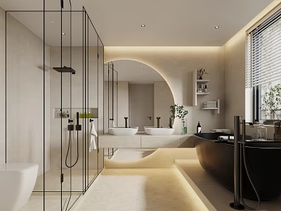 Modern Bathroom Interior With Glass Shower Enclosure Double Vanity Black Bathtub And Curved Mirror 3d model