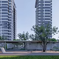 Modern High Rise Residential Landscape With Wooden Lattice Walkway Entrance Area And Greenery Pathway