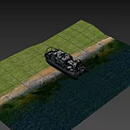 Camouflage Yacht With Black Hull Orange Lifebuoy Side Propellers And Cabin Windows