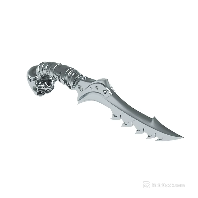 Silver Decorative Knife With Skull Handle And Serrated Blade Design 3d model 
