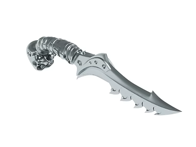 Silver Decorative Knife With Skull Handle And Serrated Blade Design 3d model