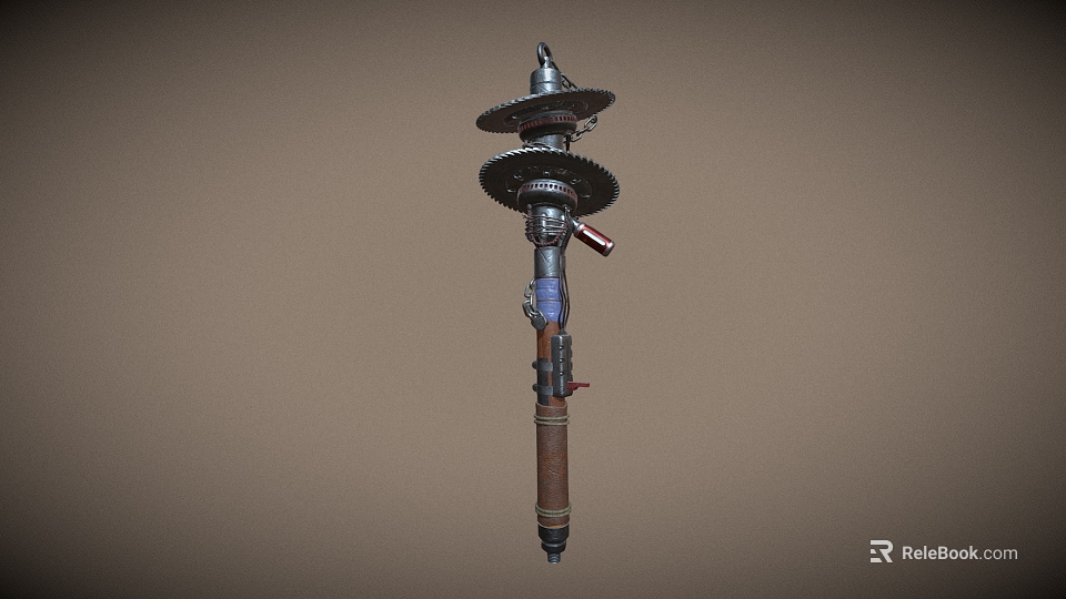 Mechanical Weapon With Stacked Gear Shaped Discs Metal Rod And Rustic Blue Accents 3d model 