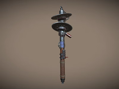 Mechanical Weapon With Stacked Gear Shaped Discs Metal Rod And Rustic Blue Accents 3d model