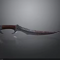 Curved Combat Knife With Red Handle Metallic Blade And Blood Stains