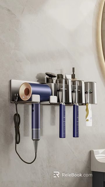 Modern Bathroom Accessories Wall Mounted Storage Organizer with Hair Dryer and Bottles 3d model 