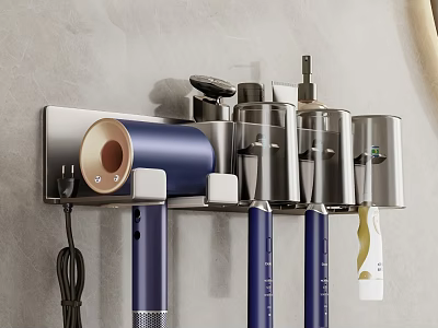 Modern Bathroom Accessories Wall Mounted Storage Organizer with Hair Dryer and Bottles 3d model