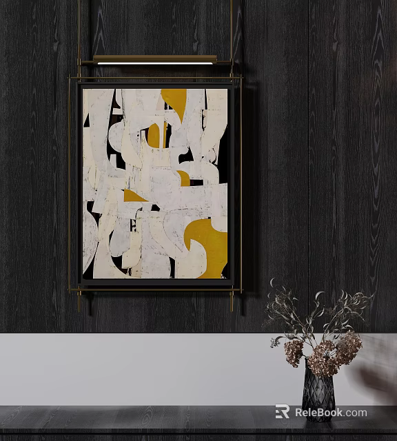 Abstract White Yellow Artwork On Dark Wooden Wall With Decorative Plant 3d model 