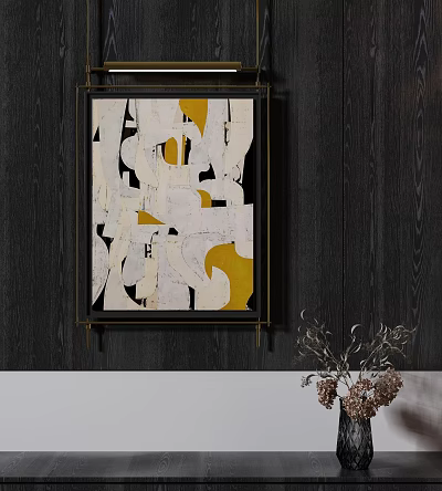 Abstract White Yellow Artwork On Dark Wooden Wall With Decorative Plant 3d model