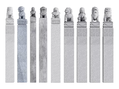 Traditional Stone Lion Pillars With Intricate Carvings Arranged In Row 3d model